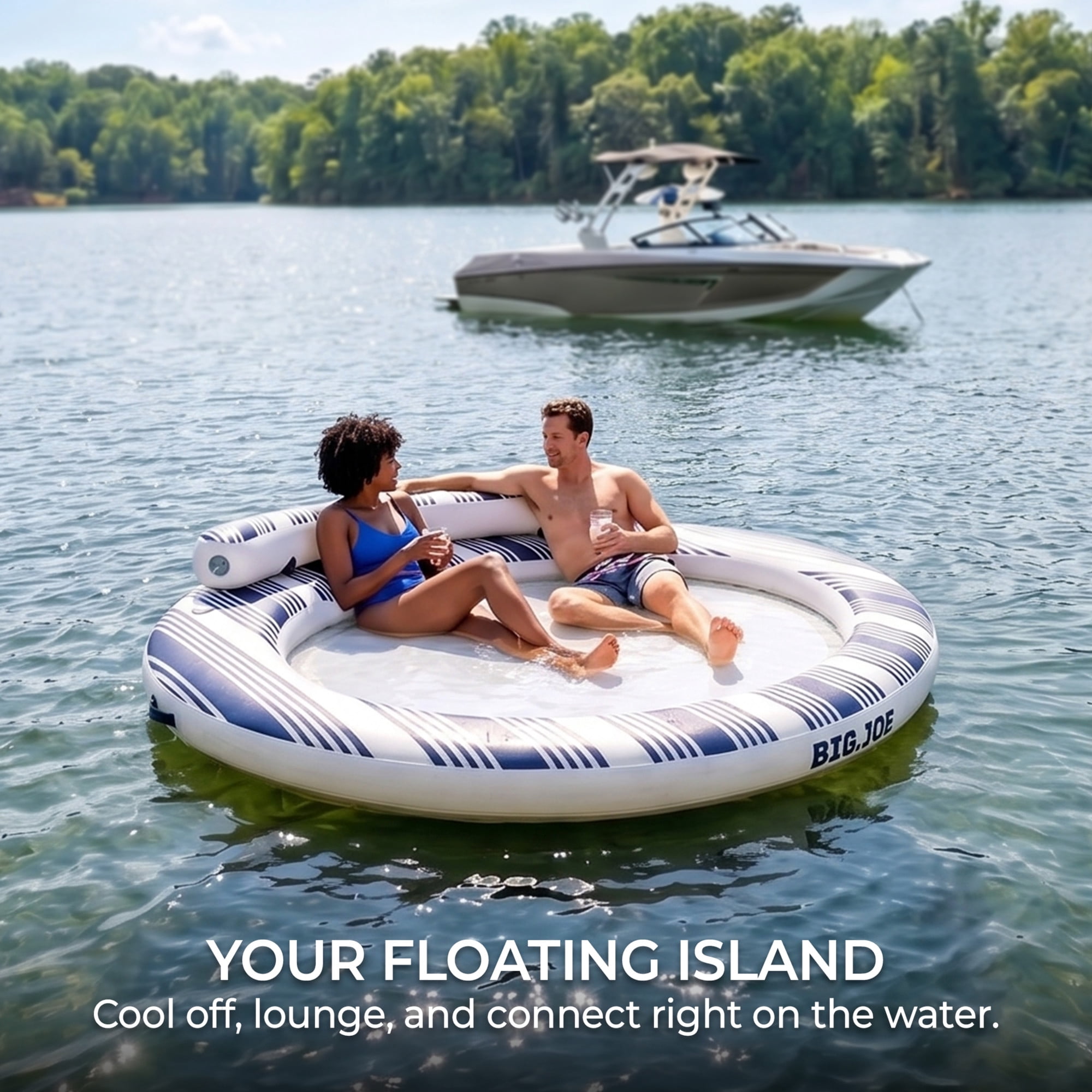 Big Joe Tidaljoy 8' Round Inflatable Floating Island for Adults, Heavy Duty Lake Platform & Boat Raft with Handles & Hand Pump, Navy Stripe