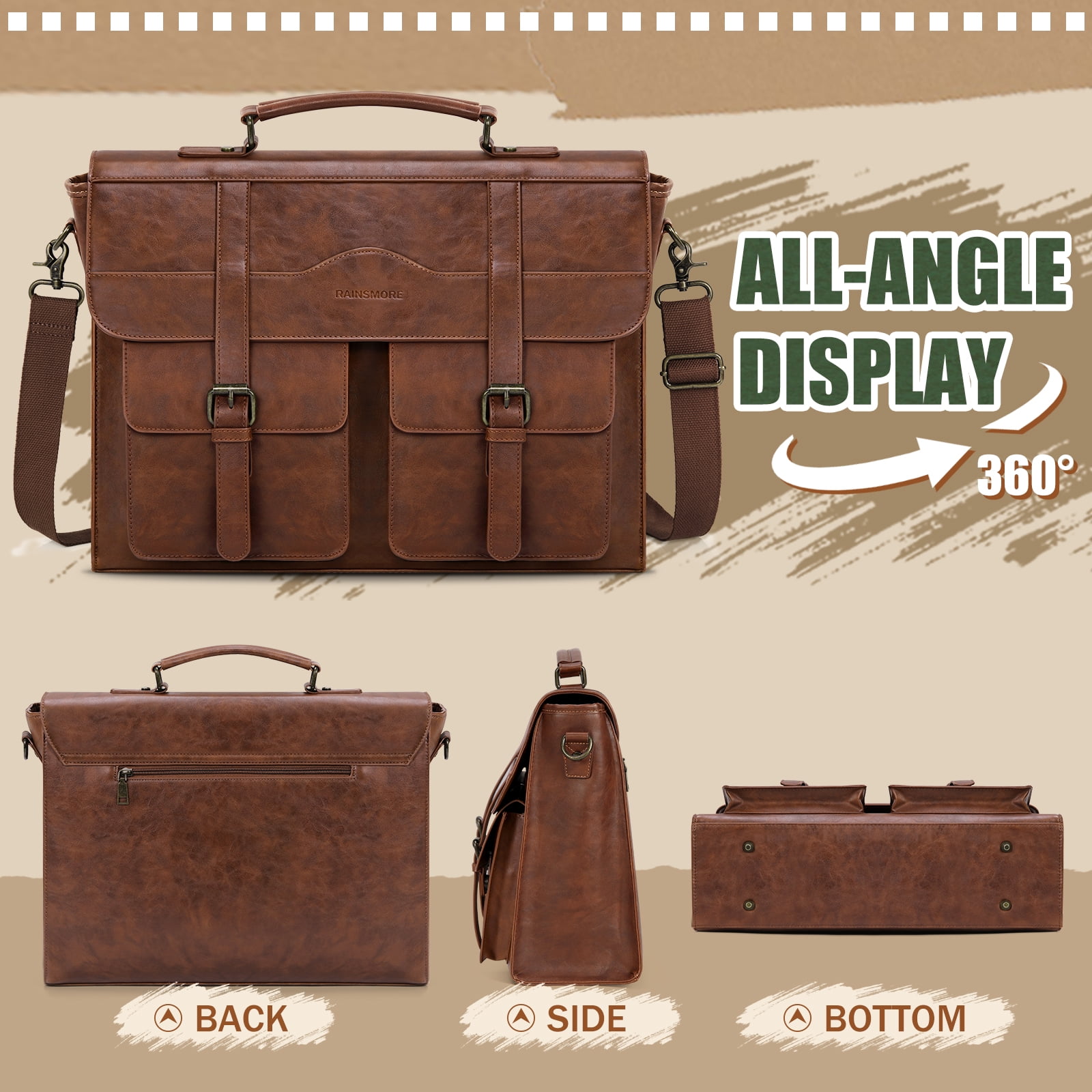 RAINSMORE Mens Messenger Bag 17 Inch Vintage Leather Laptop Bag Magnetic Closure Large Satchel Computer Briefcase Shoulder Bag,Brown