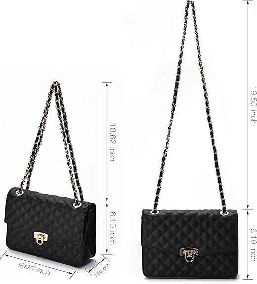 RKXQT Quilted Shoulder Bag for Women, Medium Flap Crossbody Handbag with Chain Strap, Soft Vegan Leather Clutch Purse  Blue Color: Black