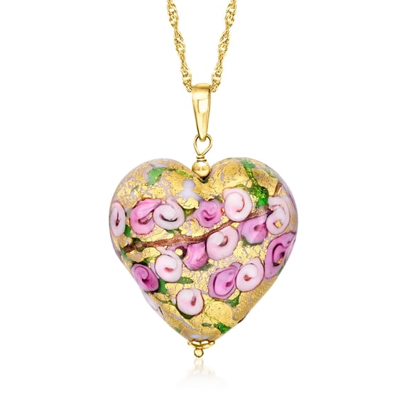 Ross-Simons Italian Multicolored Murano Glass Rose Heart Adjustable Pendant Necklace in 18kt Gold Over Sterling, Women's, Adult
