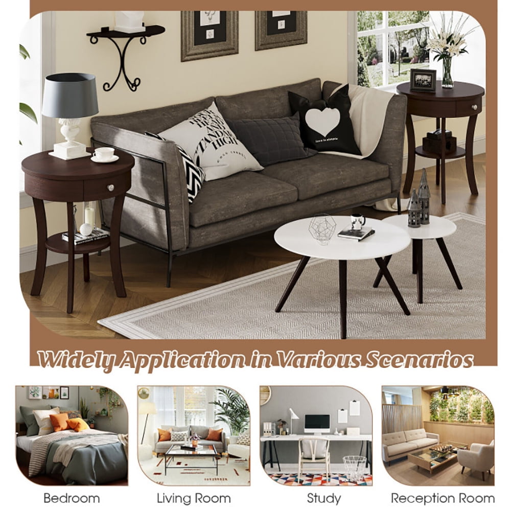 Finihen 2-Tier Wood Round End Table with Open Drawer, Sofa Side Table, Bed Side Table, for Living Room, Bedroom, Brown Finihen 2-Tier Wood Round End Table with Open Drawer, Sofa Side Table, Bed Side Table, for Living Room, Bedroom, Brown