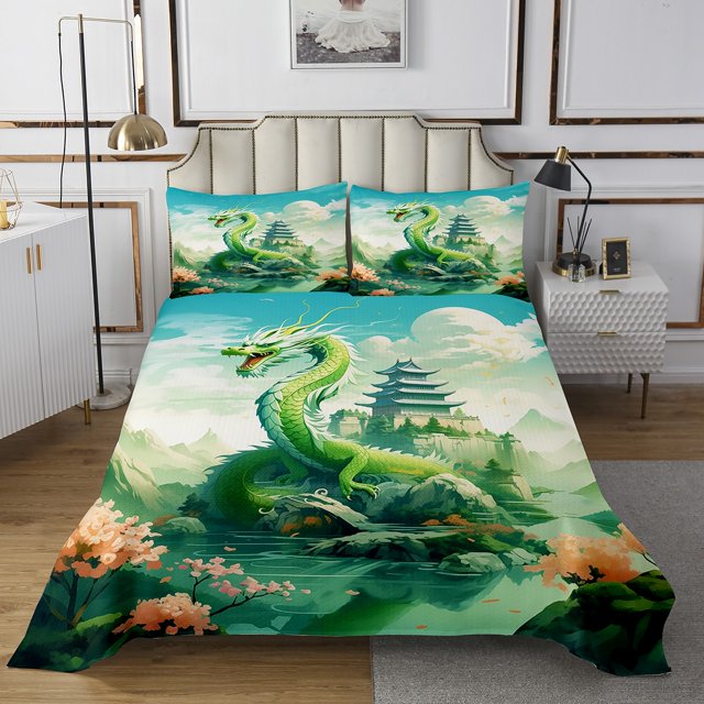 Dragon Quilt Set Mythical Animals Coverlet Set,Magical Bedspread Set Queen,Flowers Quilted Magic Wildlife Room Decor