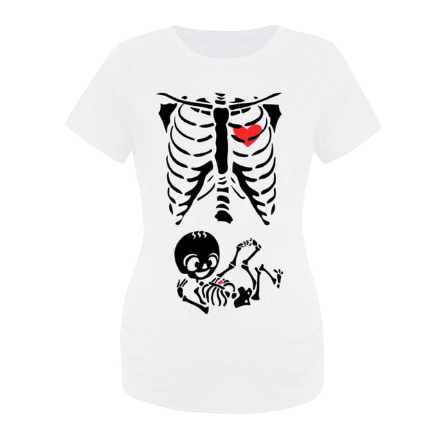 Hauts de Maternité d'Halloween pour Femmes, T-Shirt de Grossesse à Imprimé Squelette Amusant, Confortable, Coupe Extensible, Blouse Décontractée Froncée sur le Côté