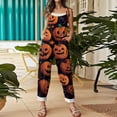 thumbnail image 4 of WTOBBY Women's Casual Loose Fit Vintage Jumpsuit with Halloween Bat Print, Cotton Linen Blend Fabric and Shoulder Strap Design for Retro Style Comfort,Orange3XL, 4 of 5