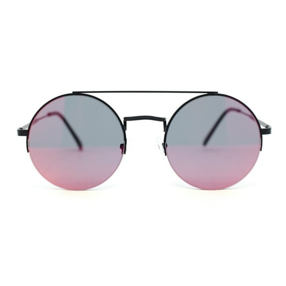 Hippie Color Mirror Round Circle Lens Metal Half Rim Double Bridge Sunglasses Black - Red Mirror