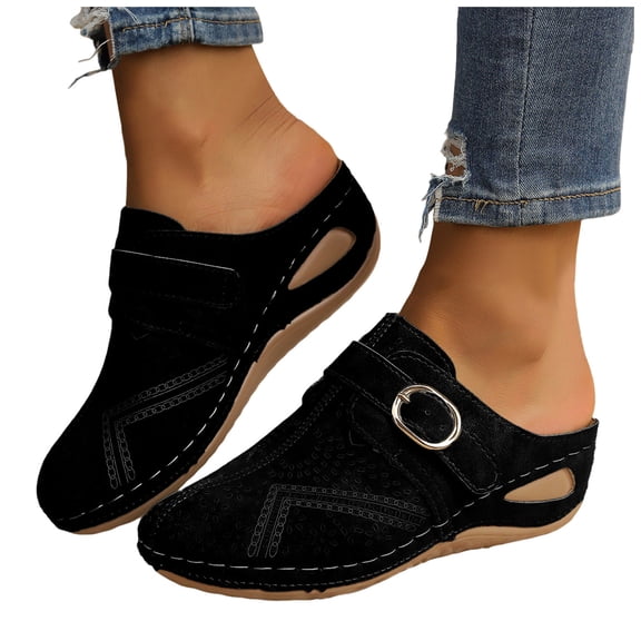 Rokment Orthopedic Wedge Clogs Backless Sandals for Women 2026 Spring Summer Fashion Leather Buckles Comfortable Arch Support Mid Heels Mules Walking Slides Slippers Black Size 6.5