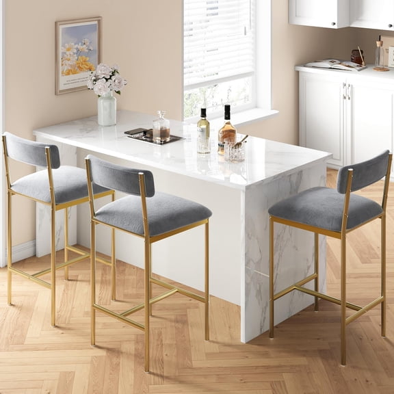 COZONY Counter Height Bar Stools, Set of 4, Upholstered Kitchen Stools with Back and Footrest for Island, Bars,Gold Gray