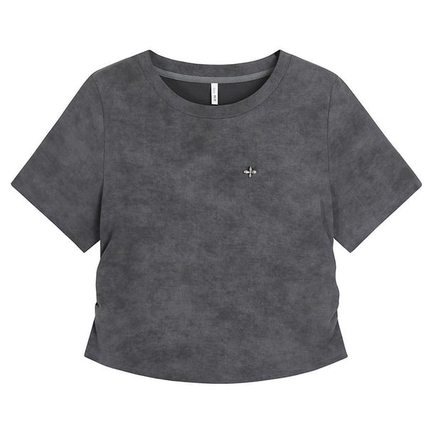 Camiseta de cuello redondo con halo y hombros descubiertos para mujer, de verano, talla grande, estilo gordito, para chicas sexys, cintura ajustada, plisada, manga corta