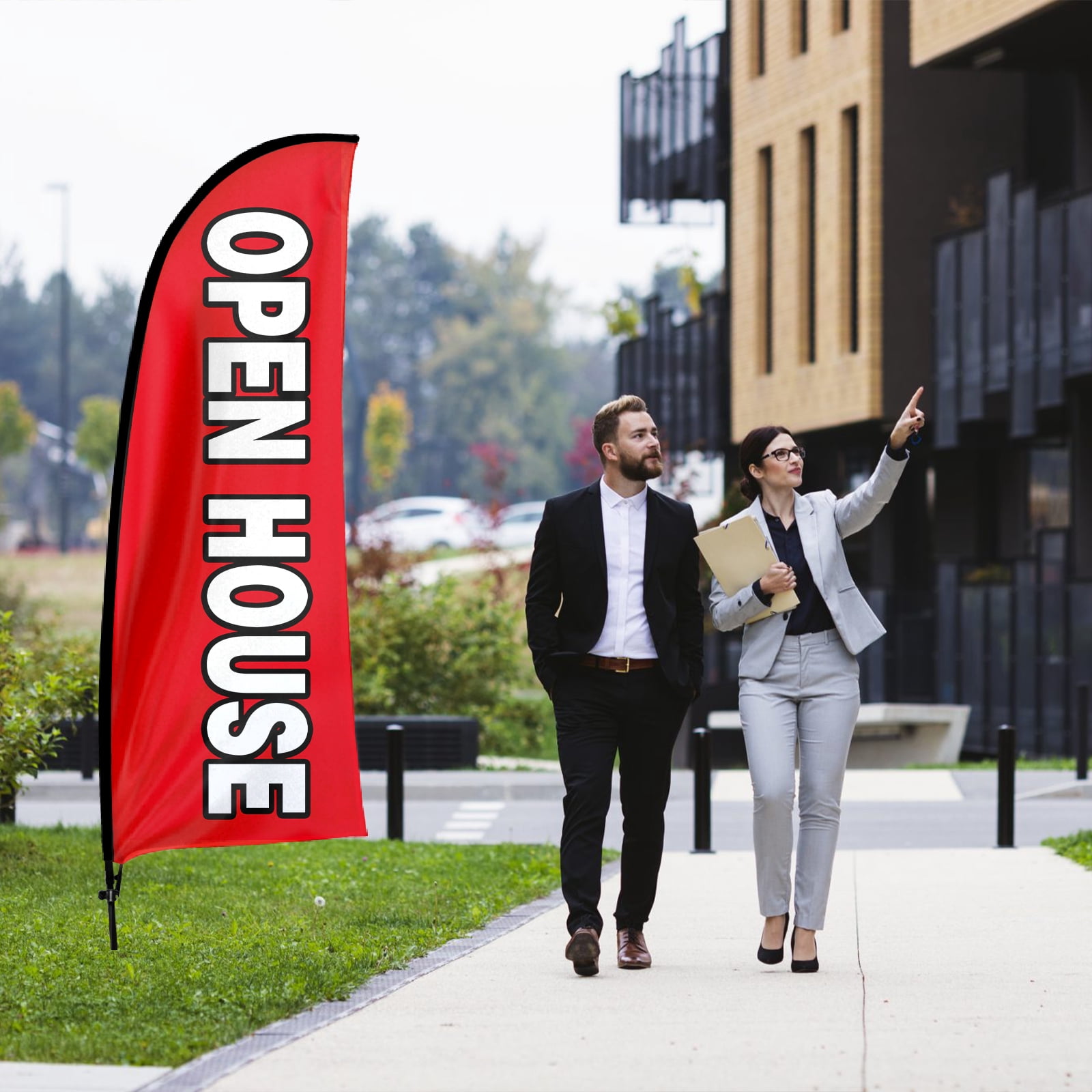QSUM Open House Sign Feather Flag with Pole Kit,7FT Open House Decoration Display, Open House Business Sign,Open House Swooper Flag（red-6）