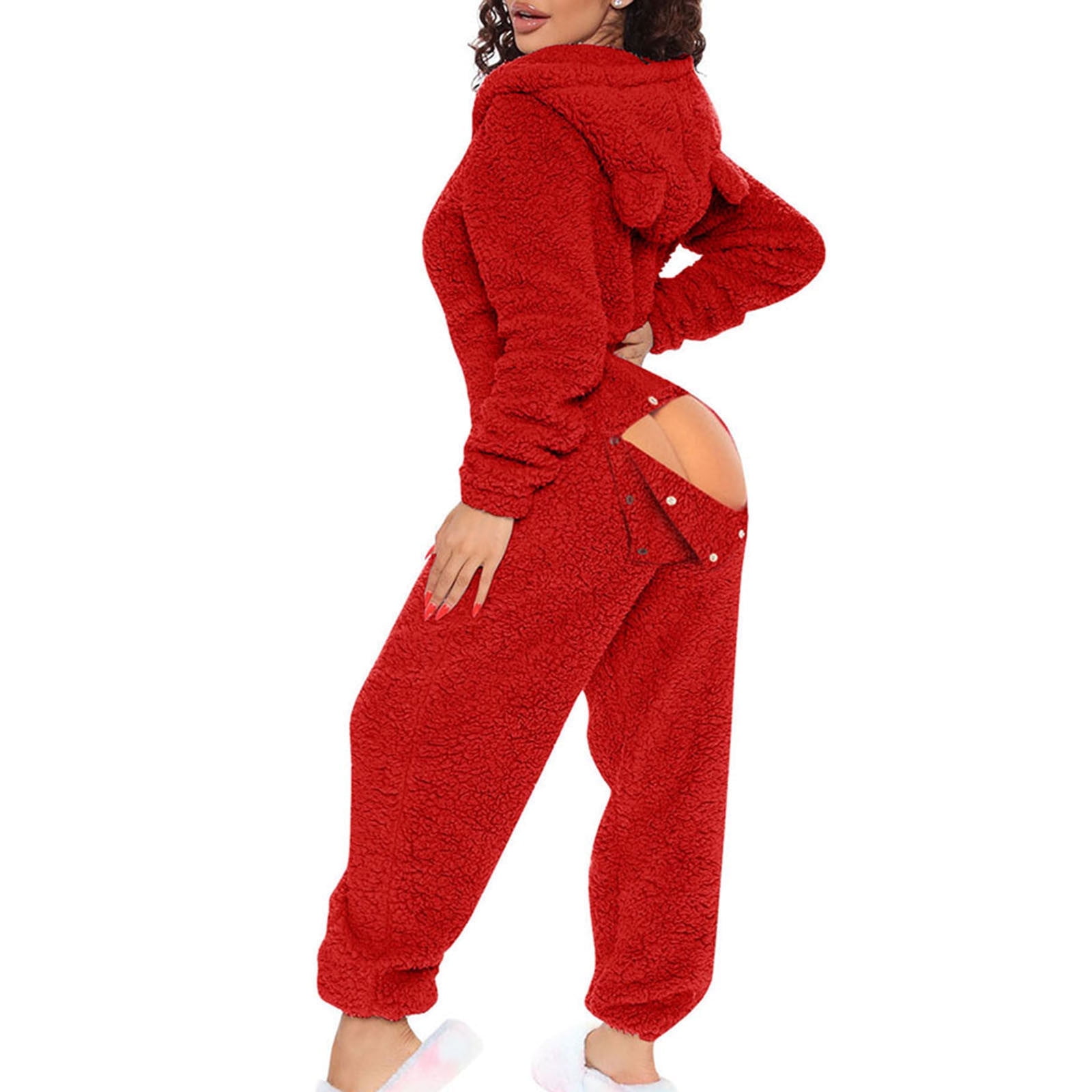 TMOYZQ Women's Flannel Adult Onesie Pajamas, Cute Ear Hooded