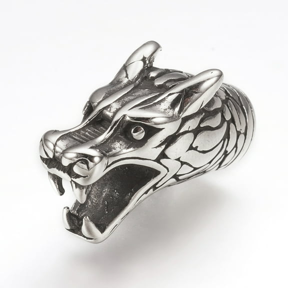 316 Surgical Stainless Steel Cord Ends End Caps For Leather Cord Bracelets Making Dragon Head Antique Silver 23x10x12mm Hole: 5.5mm