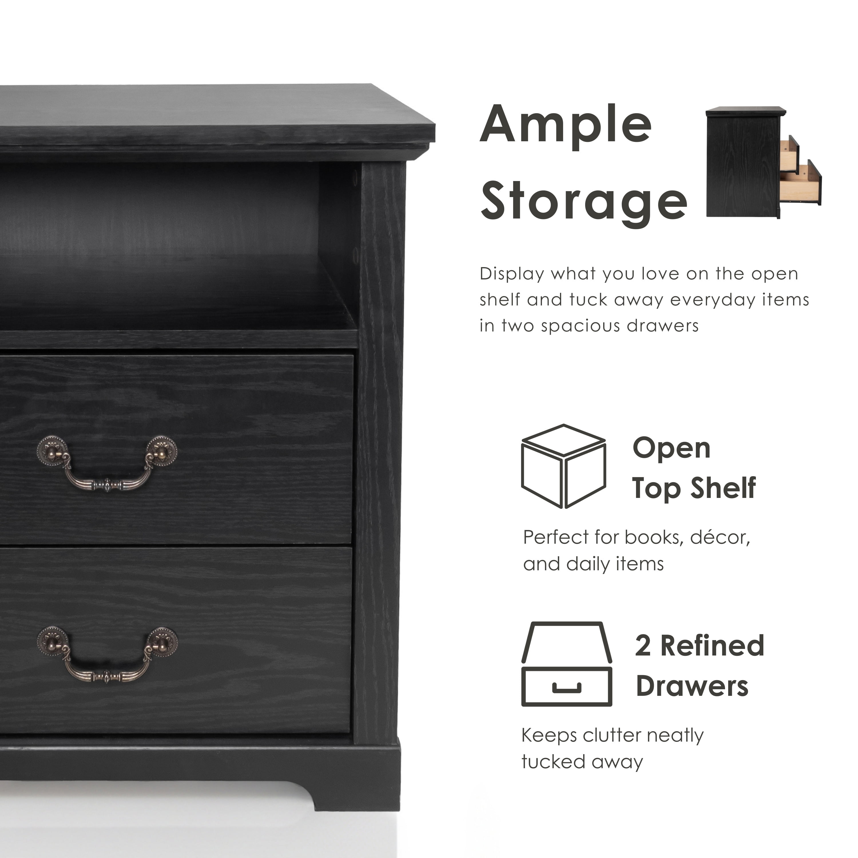 Furniture of America Chara Modern Wood 2-Drawer Kids Nightstand with Open Top Shelf, Black