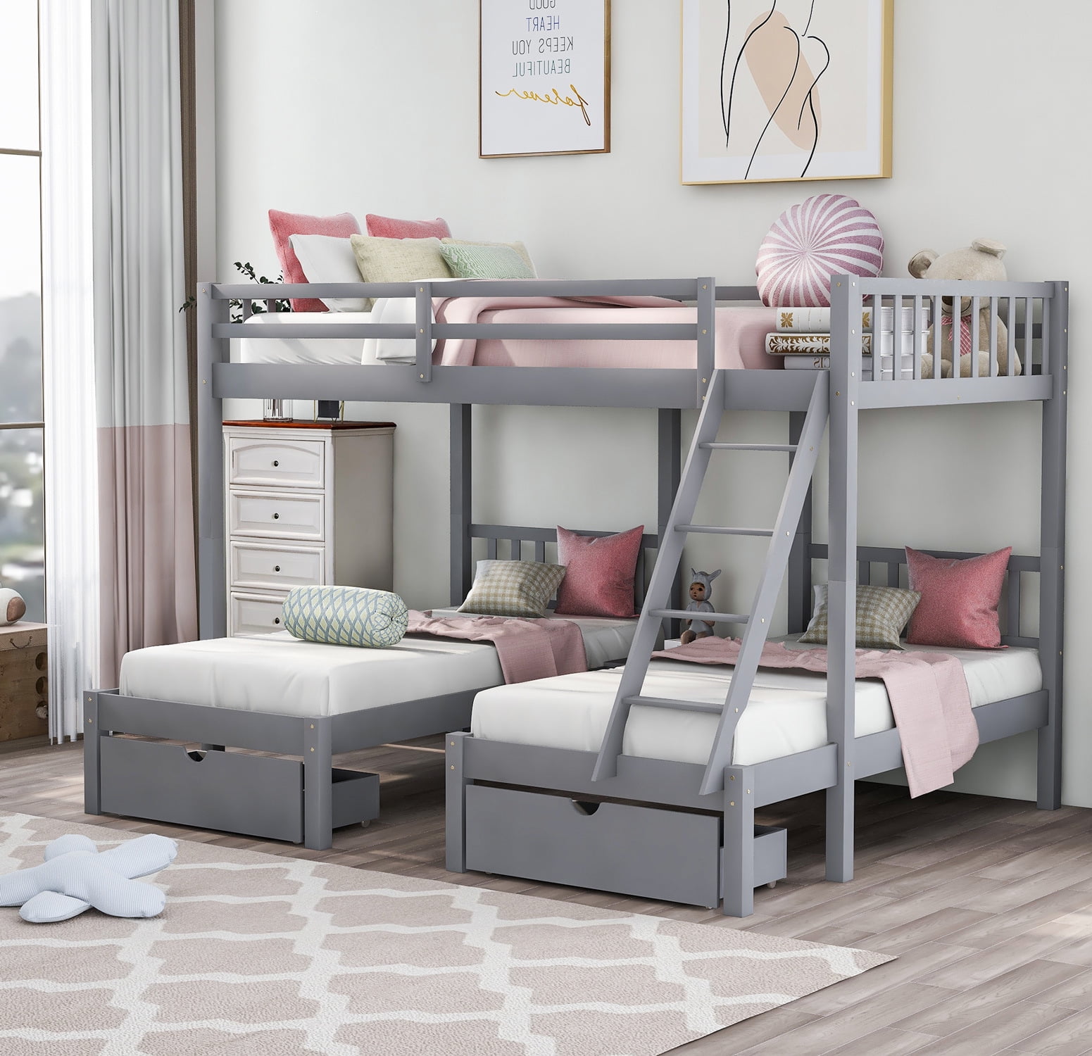 Twin Triple Bunk Bed Wooden Frame, Triple Bunk Beds With Steps