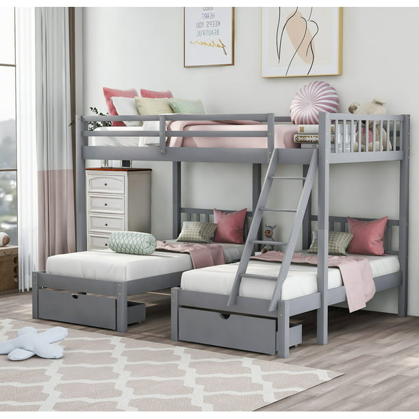 Kids Full Over Twin & Twin Triple Bunk Bed, Wooden Bed Frame with