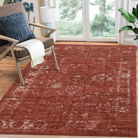 FairOnly 8'x10' Red Area Rugs for Living Room Retro Stain-Resistant Washable Rugs for Kitchen Dining Room Ultra-Thin Indoor Floor Carpet