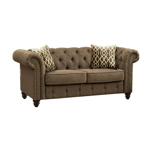 ACME Aurelia Tuxedo Linen Fabric Tufted Loveseat with Nailhead Trim in Brown