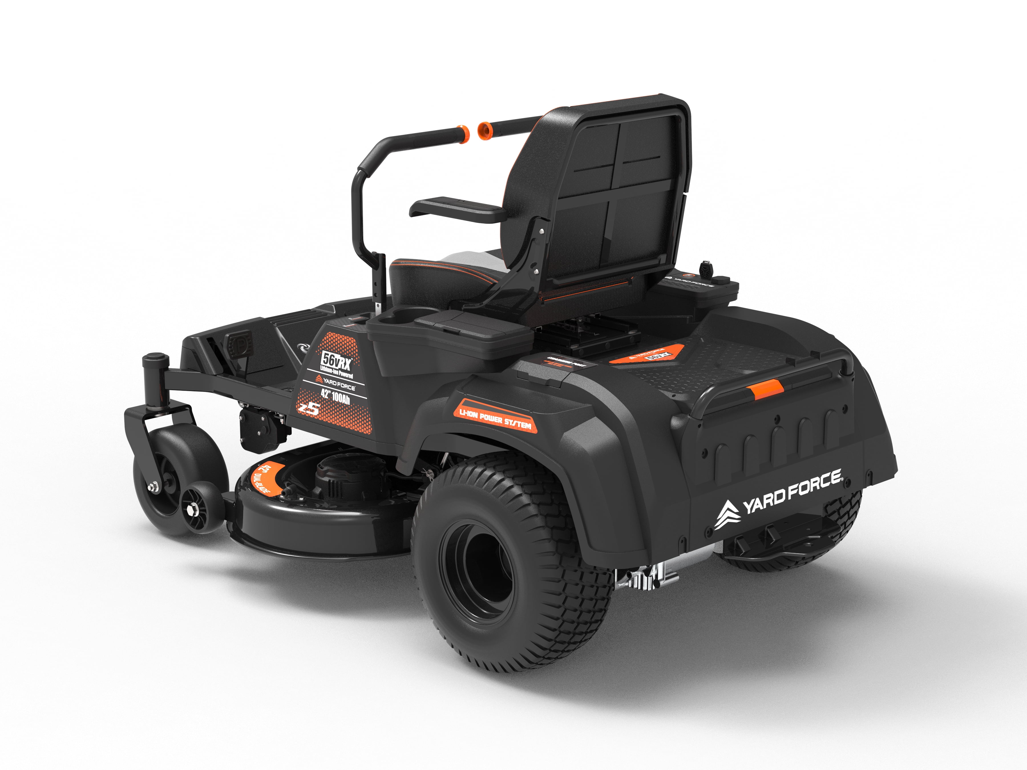 Yard Force YF56vRX Z42-562 42-Inch Zero Turn Mower, 56V Battery, 4-Acre Range, 3-in-1 Cutting, 5-Inch LCD, Plush Seat w/ Armrests, LED Lights, USB Charger, Rear Hitch Mount