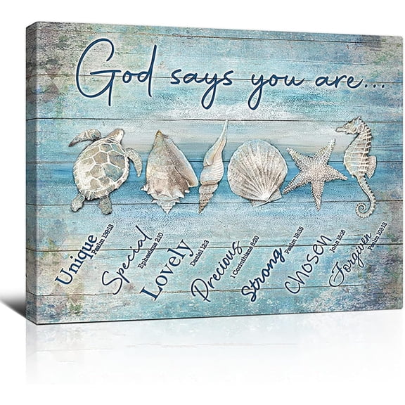 Inspirational Wall Art Blue Ocean Seashell Canvas God Says You are Picture Bible Verses Wall Decor Seashell Bathroom Decor Sea Turtle Starfish Painting Decor For Bathroom Bedroom Office 16x20 Inch