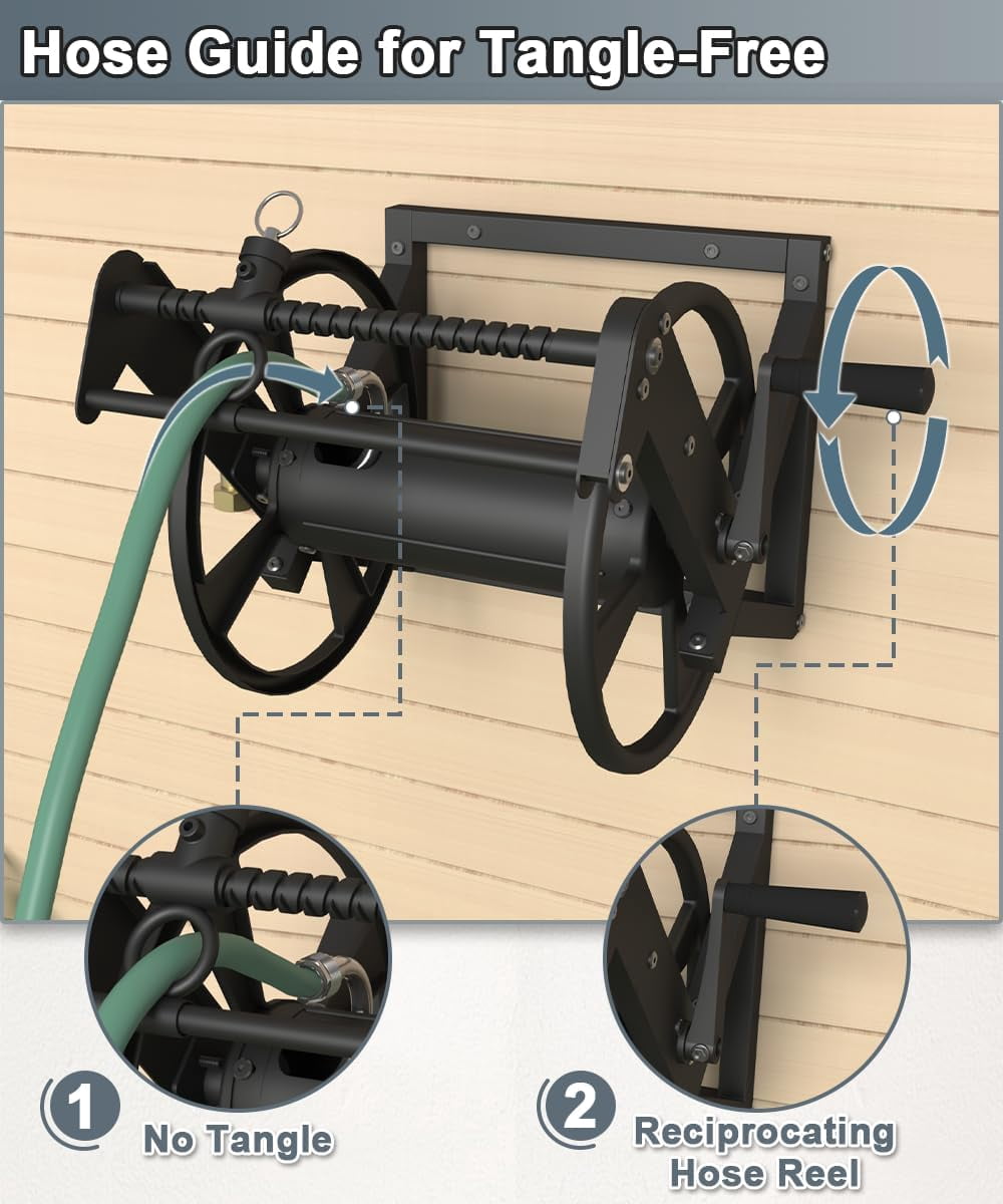 Wall Mounted Reciprocating Garden Hose Reel with Hose Guide, Outdoor Heavy Duty Metal Water Hose Holder Storage Rack Holds 125ft of 5/8'' Hose with Brass Fitting & 3.9ft Leader Hose, Black