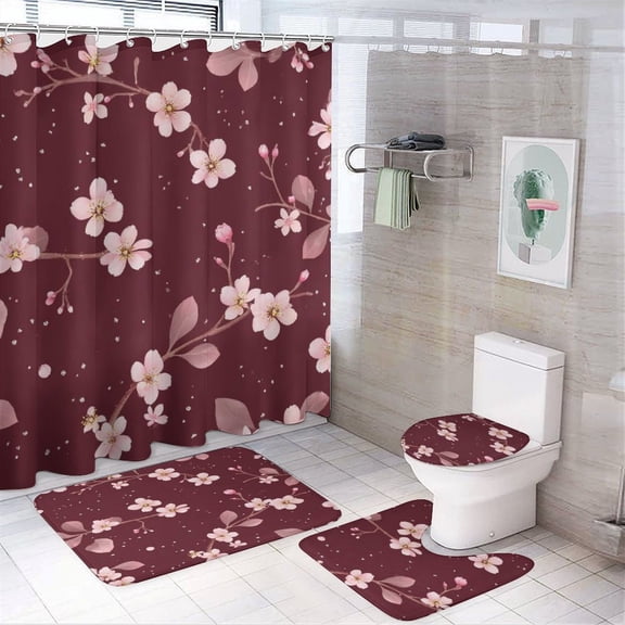 Cherry Blossom Floral Print Shower Curtain Bathroom Sets Toilet Lid Rug, Bath Mat And Contour Mat, Shower Curtain 4Pcs
