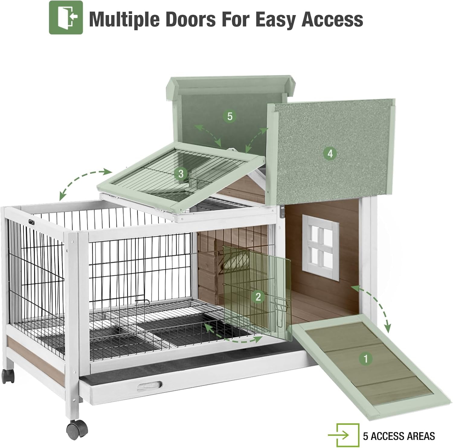 Aivituvin Wooden Rabbit Hutch Indoor and Outdoor, Rabbit Cage with Removable Wire Netting and Leak Proof Tray, Mobile Bunny Cage with Wheels (Brown)