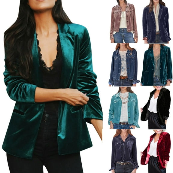 ZZwxWA Women's Velvet Shirts Elegant Velour Blazer Notch Lapel Collar Shacket Jacket Retro Coat Solid Cardigan Loose Top