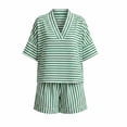 thumbnail image 4 of Cagogo Women Plus Size Striped 2 Piece Set V Neck Short Sleeve Blouse Shorts Casual Loose Boho Vacation Outfits Summer Cruise Travel Matching Lounge Clothes, Yellow M, 4 of 6
