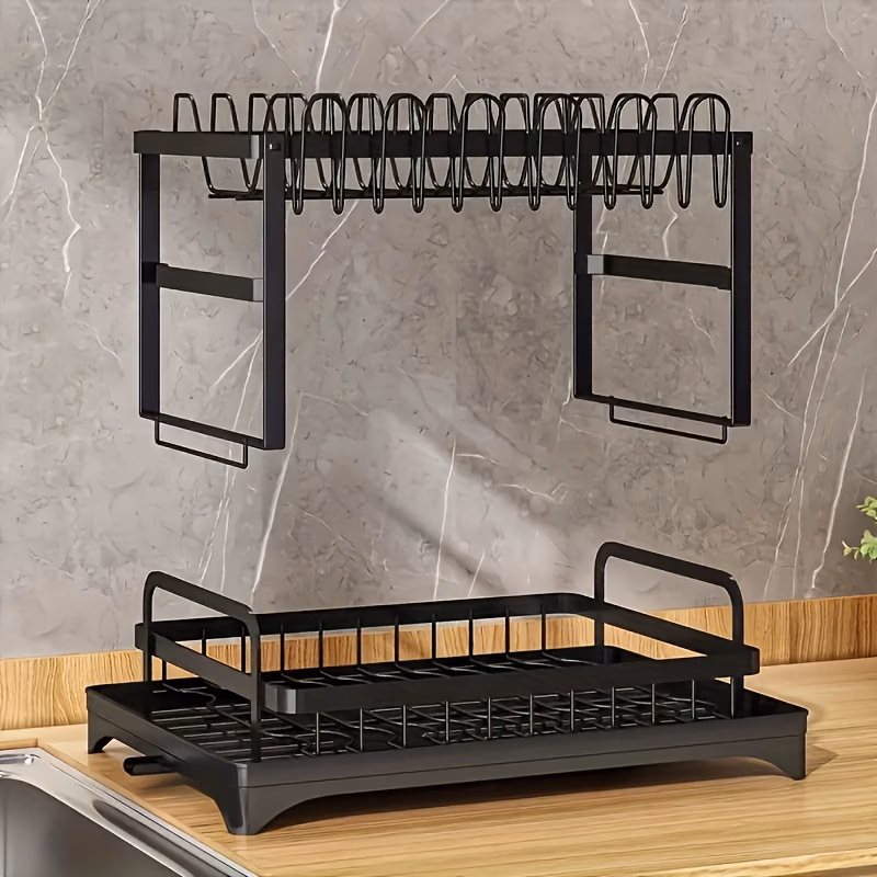 Large 2-Tier Dish Drying Rack with Drip Tray and Drainage Device, Kitchen Counter Dish Drainer for Plates, Knives, Cups and Cutting Boards