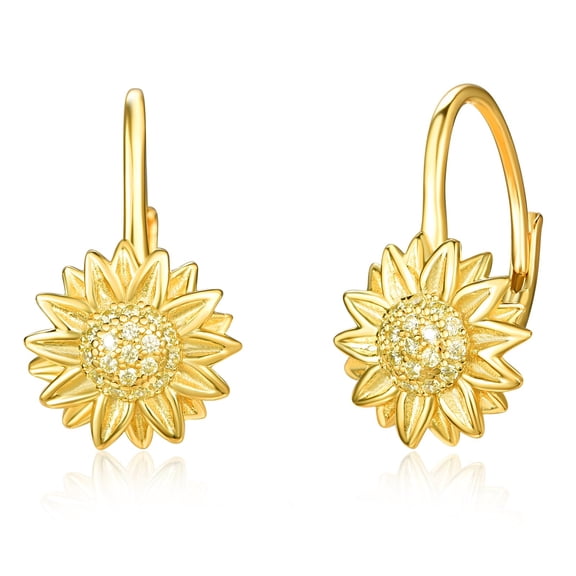 TANGPOET Sunflower Leverback Earrings for Women 925 Sterling Silver 14K Gold Plated Flower Earring Birthday Jewelry Gifts for Wife