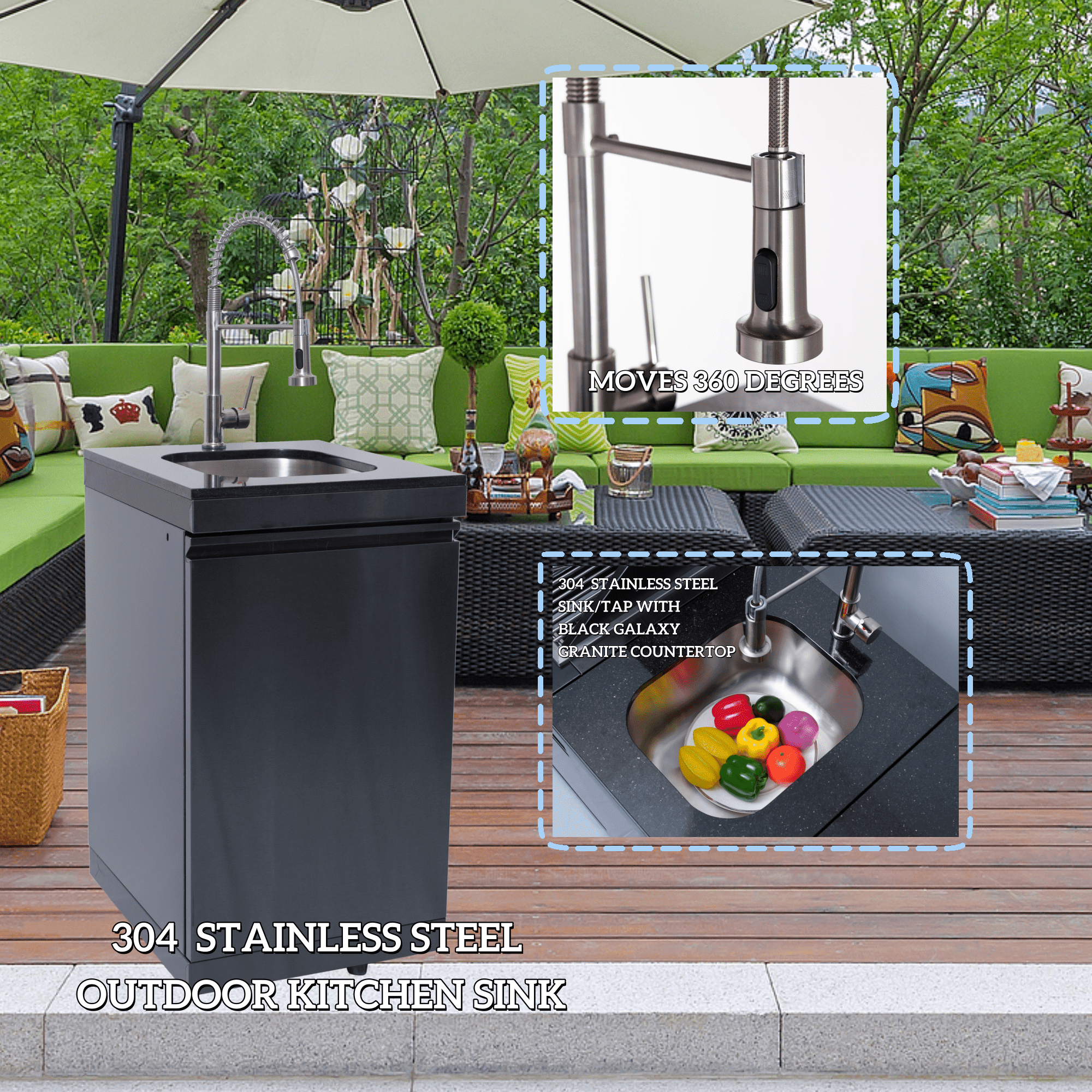 Stainless Steel 43-inch 6-Burner 85000 BTU Deluxe  LP Gas Outdoor Kitchen Bar Barbecue Island Grill + Wine Cooler Compact Refrigerator + Rotisserie Kit + Granite Countertops + Stainless Steel Sink