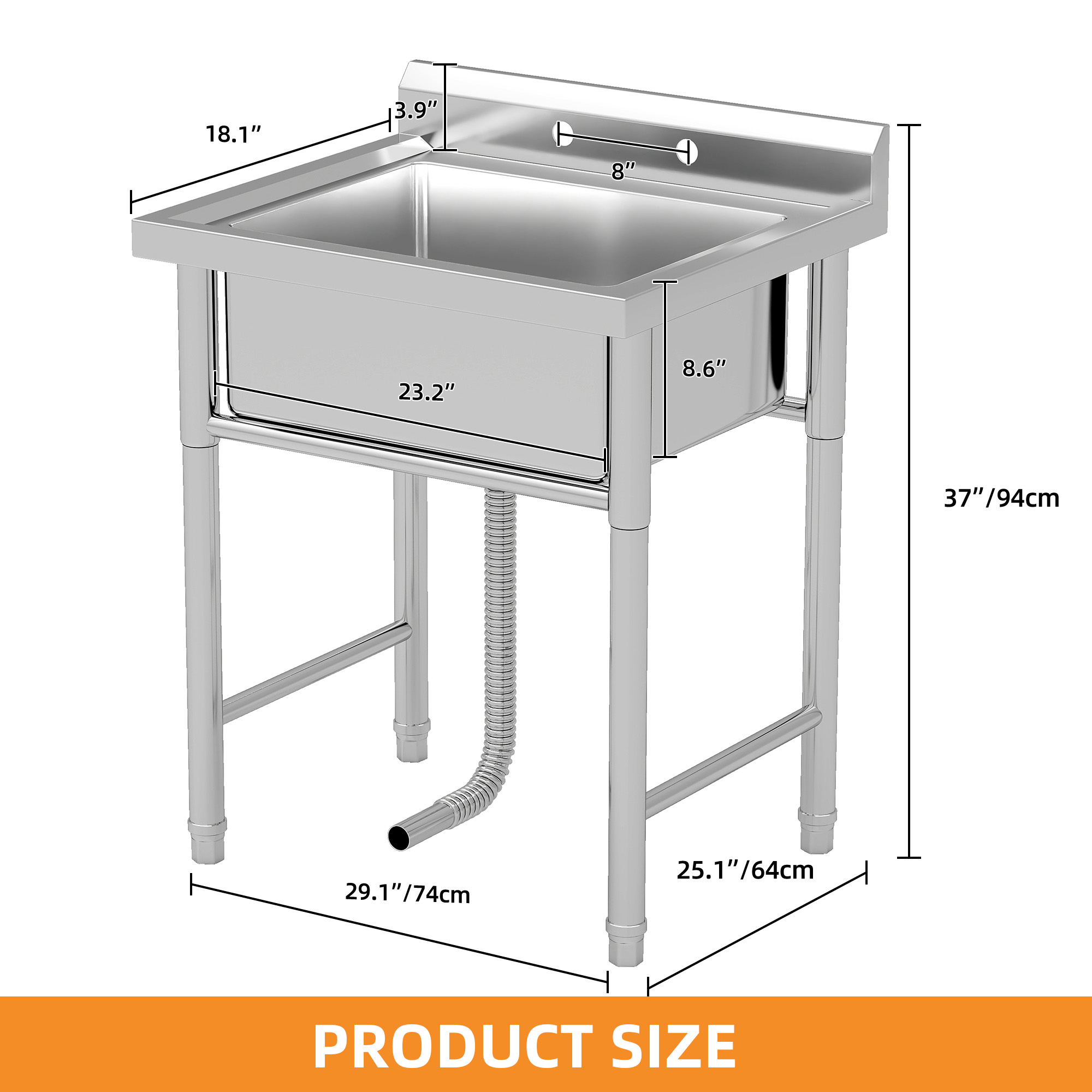Craftian Stainless Steel Utility Sink with Single Water Tank & Drainage Pipe for Kitchen/Laundry/Garage, Silver
