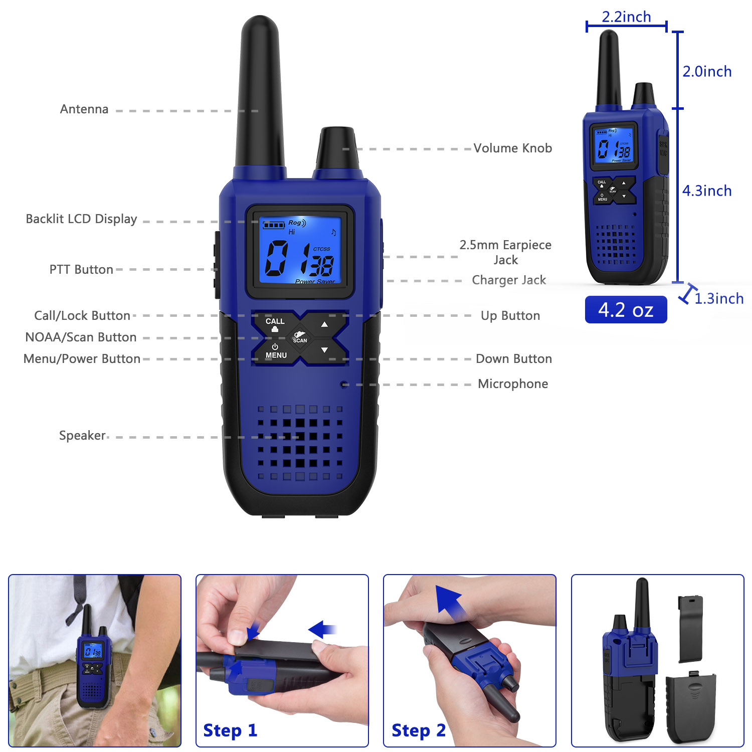 WisHouse K10 Walkie Talkies, 2 Pack Blue photo 4