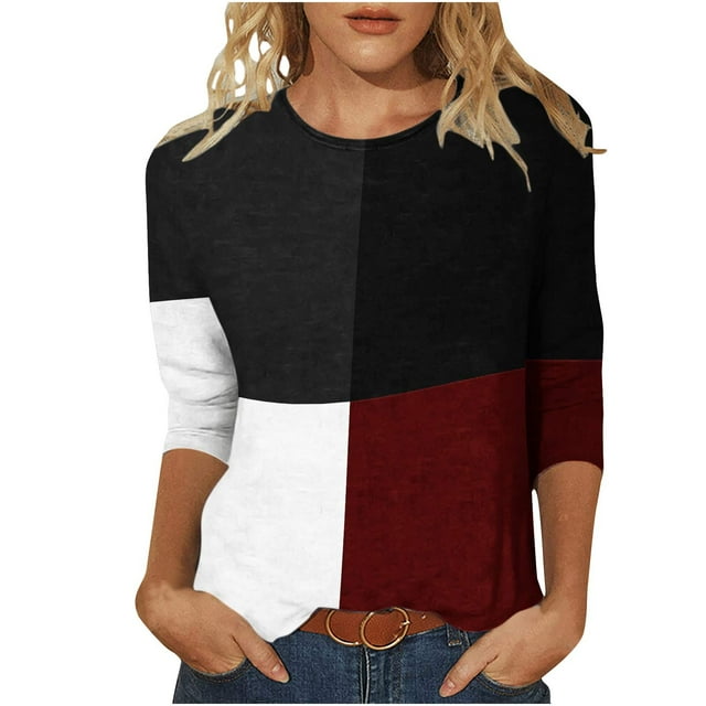 IROINID T-Shirts à Manches 3/4 pour Femmes, Imprimé, Ample, Col Rond, Vin