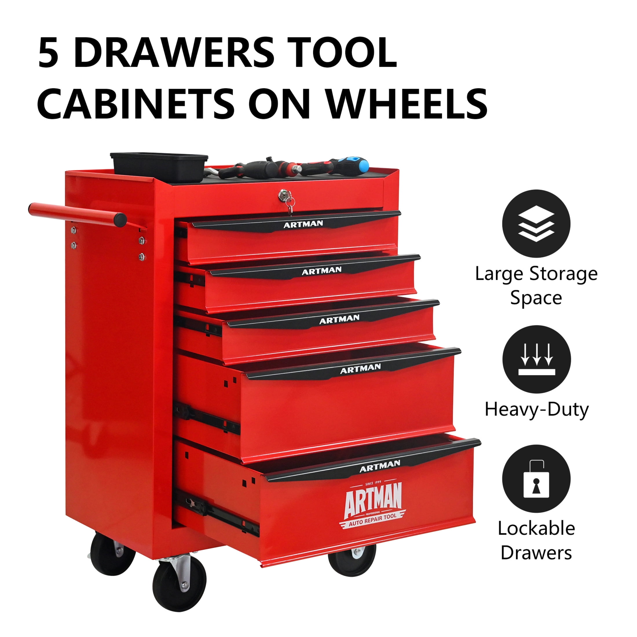 Noble House 5-Drawer Mobile Steel Tool Organizer with Key Lock, Ball Bearing Slide Storage Cabinet Box, Red