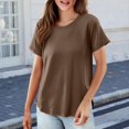 thumbnail image 3 of Yigetop Tee Shirts Womens Women's Solid Color T Shirt Round Neck Short Sleeved Top Large Size Loose Elastic Pure Cotton Base Shirt Basic Tees for Women Khaki 6XL, 3 of 6