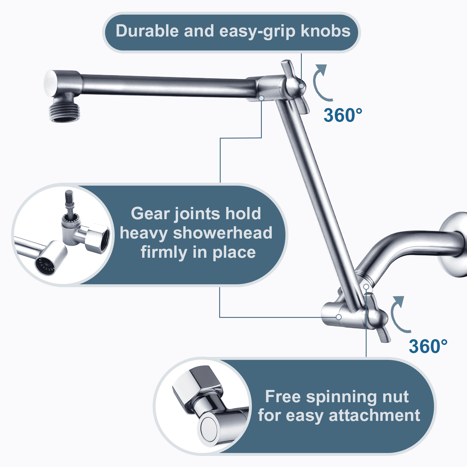 BRIGHT SHOWERS Brass Shower Arm Extender for Rain and Handheld Shower Head, 14 Inch Universal Shower Head Extension Arm, Adjustable Height & Angle, Chrome