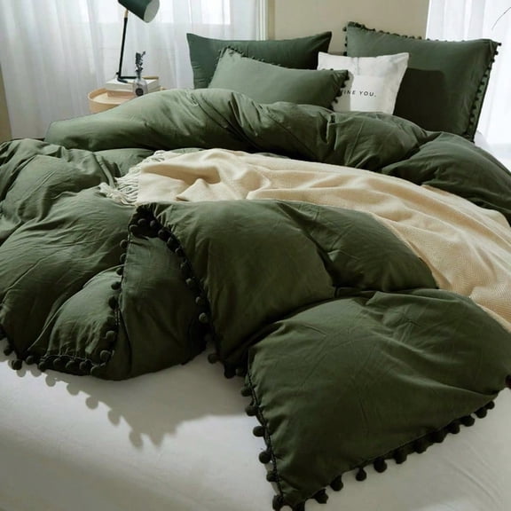 Dark Olive Green Duvet Cover Queen Size 3 Piece Boho Bohemian Farmhouse Pom Microfiber Bedding Comforter Cover Set Soft and Lightweight Quilt Cover 90x90