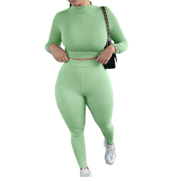 Women's Workout Outfit 2 Pieces Seamless High Waist Yoga Leggings with Long  Sleeve Crop Top Gym Clothes Set - Walmart.com