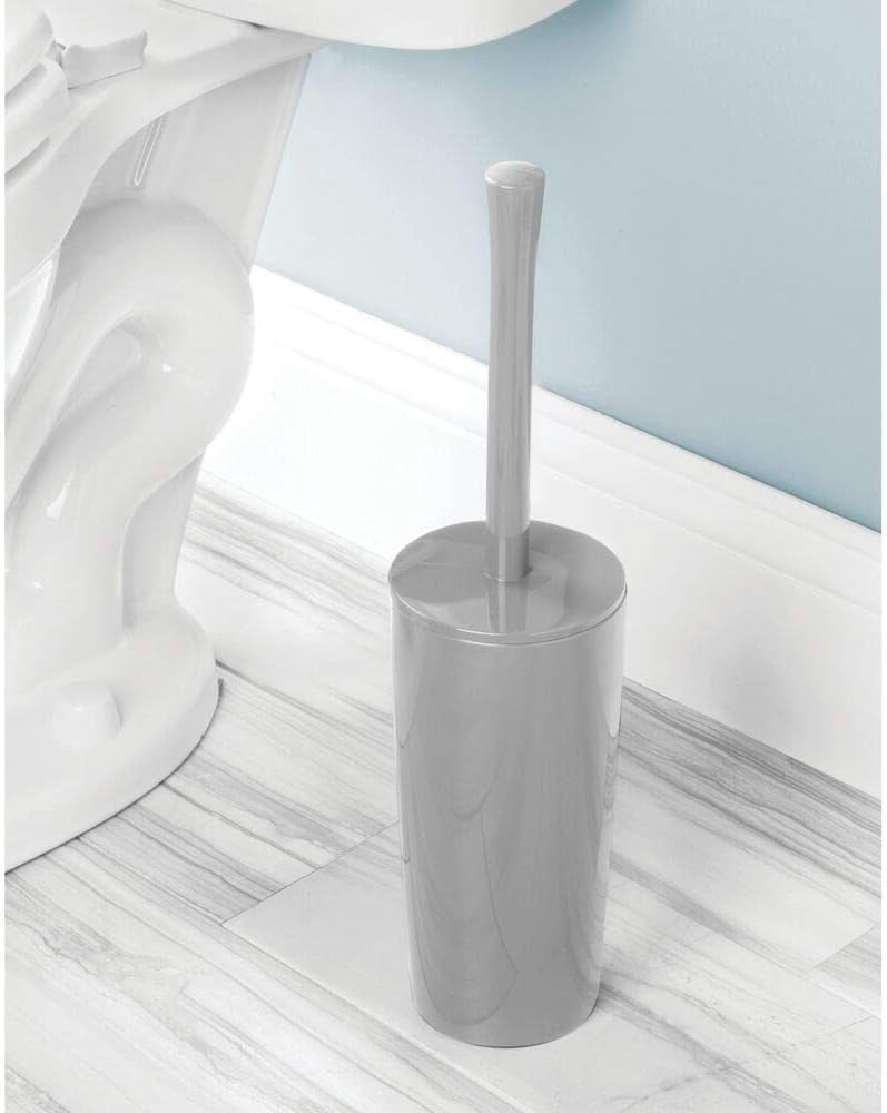 Slim Plastic Toilet Bowl Brush and Holder Set, Modern Compact Storage Organizer Cleaner Scrubber for Toilet - Heavy Duty Cleaning Plunger for Bathroom, Aura Collection - Gray