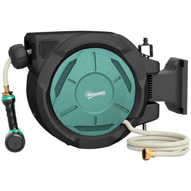 Retractable Wall Mounted Hose Reel - 65ft Blue Garden Water Hose with Auto Rewind & 7 Spray Patterns - Patio, Yard & Garden Use