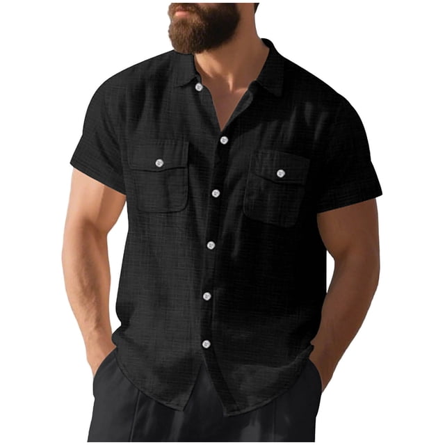 Camisetas de Manga Corta con Botón de la Solapa de los Hombres de Ajuste Suelto Cardigan de Bolsillo Moda Superior Verano Casual