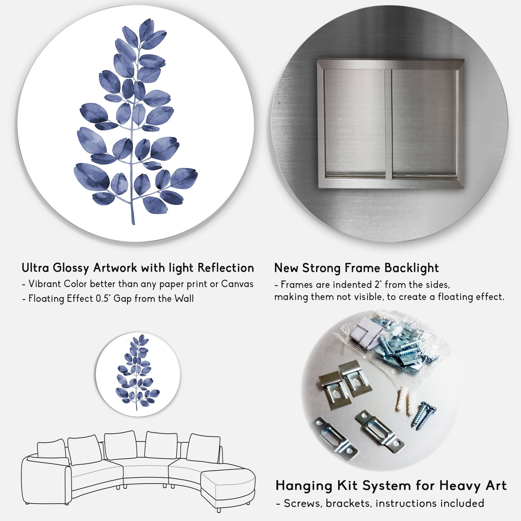 Designart 'Navy Blue Eucalyptus On White' Traditional Circle Metal Wall Art 23x23 - Disc of 23