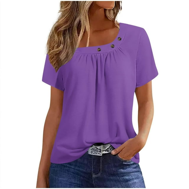 AherBiu T-Shirts pour Femmes Manches Courtes Couleur Unie Col Rond Ample Décontracté Confortable Froncé
