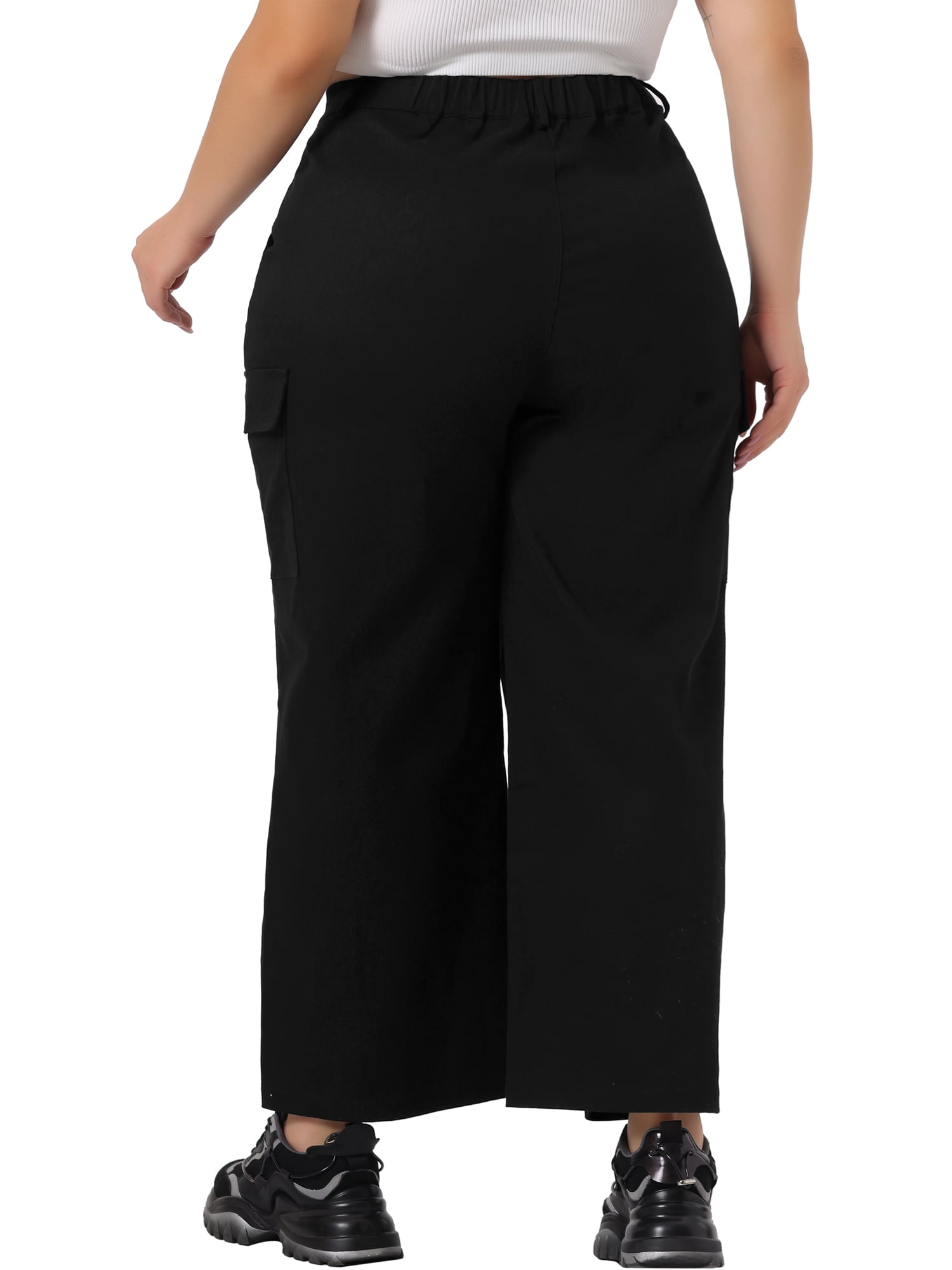 Unique Bargains Women's Plus Size Cargo Pants Drawstring Elastic Waist Pockets Trousers 1X Black