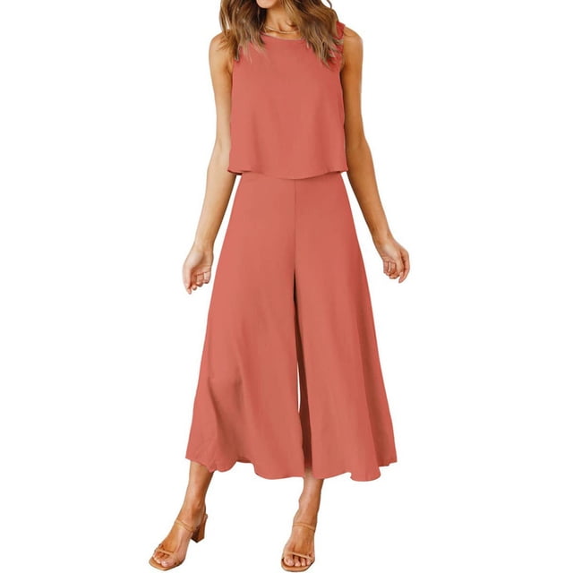 Puntoco Pantalones cortos sin mangas de algodón y lino con cuello redondo para mujer, pantalones de pierna ensanchados, conjunto de pantalones largos Puntoco Puntoco-3464