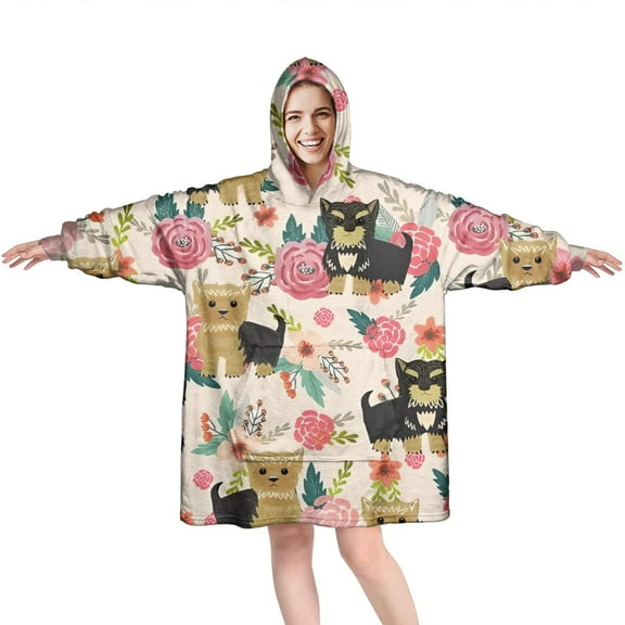 Wearable Oversized Blanket,Yorkie Dog and Pioneer Flower Wearable Blanket Hoodie for Adults,Cozy Hooded Blankets with Super Pockets,Super Warm Fuzzy Pullover for Women & Men