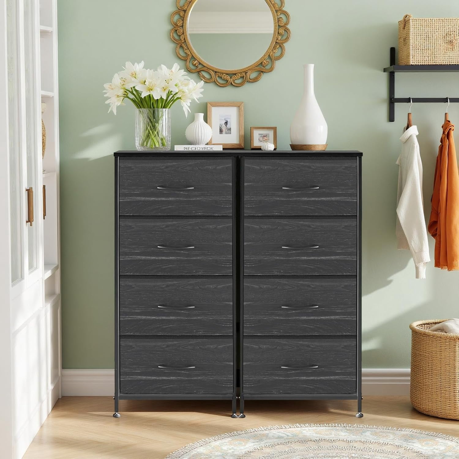 ACCVER Dresser for Bedroom 4 Storage drawer, Fabric Closet Chests Organizer Tower with Wooden Top Metal Frame for Living Room Hallway Entryway, Black Wood