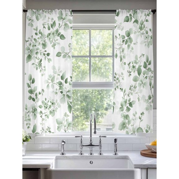 Green Eucalyptus Leaves Sheer Curtains for Living Room Bedroom Foliage Spring Botanical Sheer Curtains 63 Inch Long 2 Panels Set Light Filtering Curtain Window Treatments Drapes for Dining Room