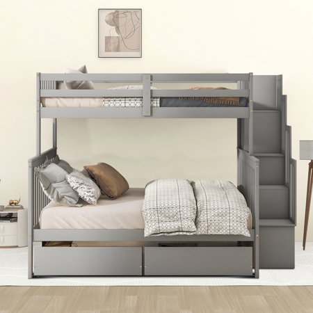 Classic Minimalist Style Wooden Bunk Bed with Staircases and 2 Drawers  Grey