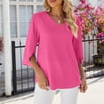 thumbnail image 2 of Tiqkatyck Women Summer Tops, Women's Fashion Short Sleeve Solid Color V Neck Loose Chiffon T Shirt, Summer Tops for Women, Shirts for Women Hot Pink L, 2 of 4